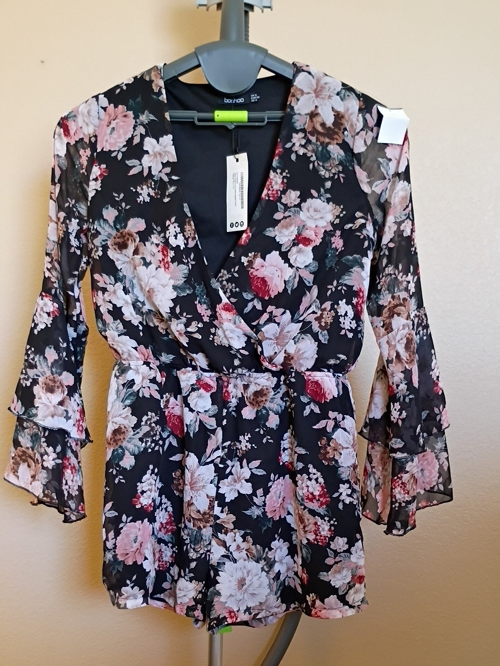 Boohoo Black Floral Long Sleeve Wrap Romper